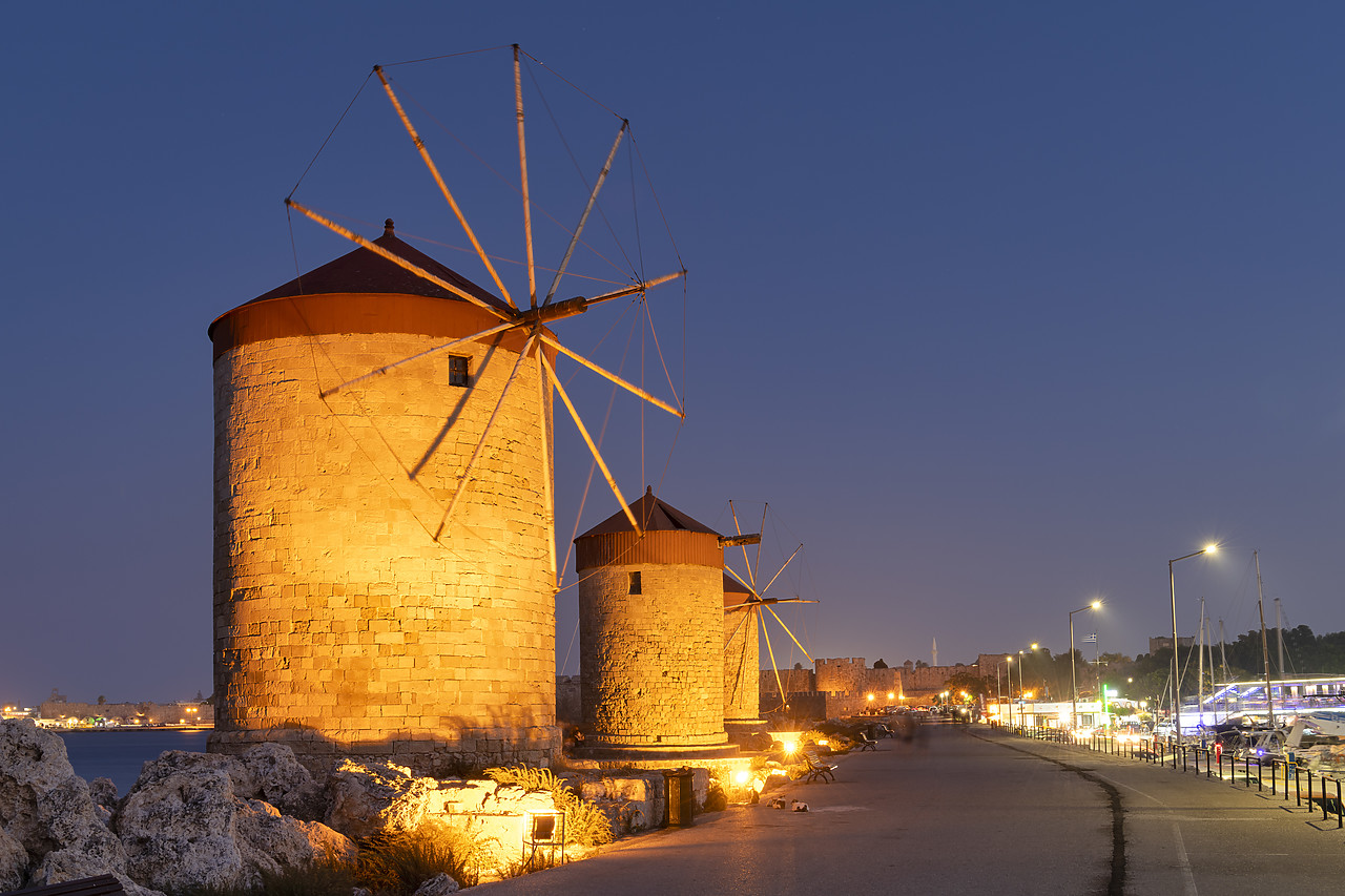 #410301-1 - Windmills Along Harbour at Night,  Rhodes, Dodecanese Islands, Greece