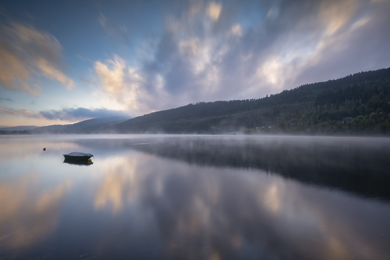 #410387-1 - Boat in Mist, Lake Titisee, Baden-Wurttemberg, Schwarzwald,Black Forest, Germany