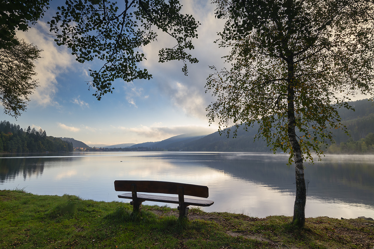 #410388-1 - Bench overlooking Lake Titisee, Baden-Wurttemberg, Schwarzwald,Black Forest, Germany