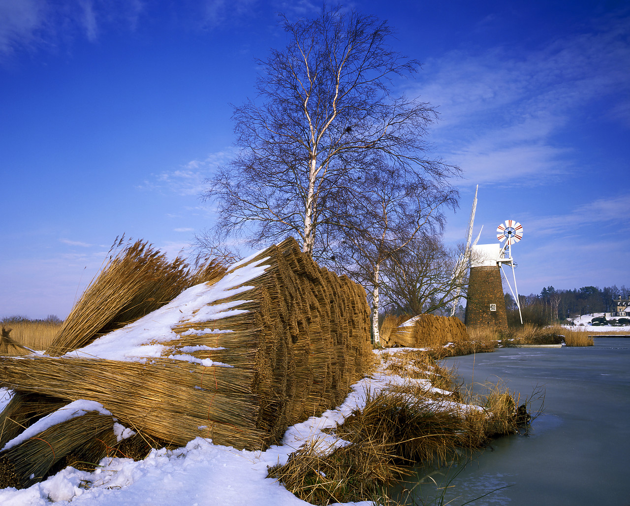 #913244-1 - Snow-covered Reed Bundles & Turf Fen Windpump, How Hill, Norfolk