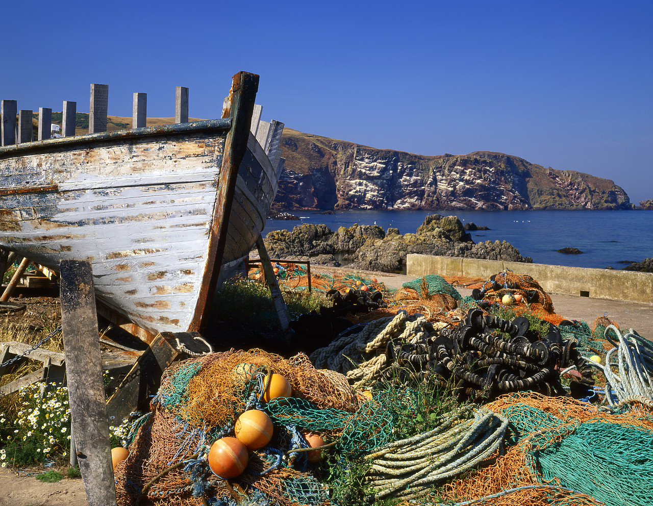 #955609-1 - Fishing Nets & Boat, St. Abb's Harbour, Borders, Scotland