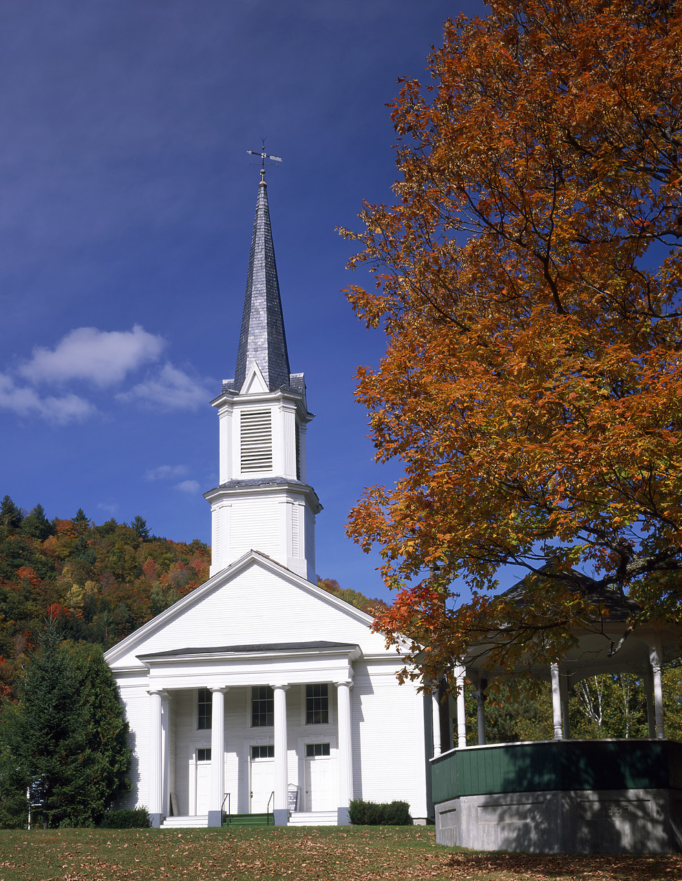 #955780-1 - Church & Bandstand in Autumn, Sharon, Vermont, USA